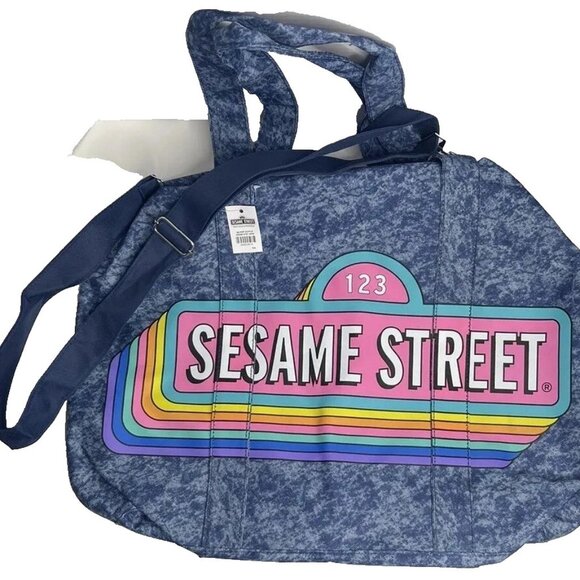Sesame Street Sign Retro Denim Print Duffle Bag Theme Park Exclusive NEW - Picture 1 of 4